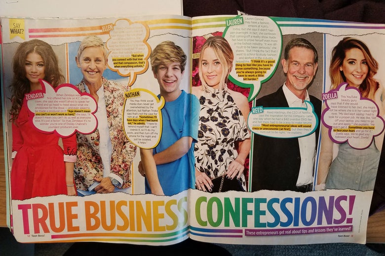 A spread from Teen Boss magazine that includes Zoella, Netflix's Reed Hastings, and others.